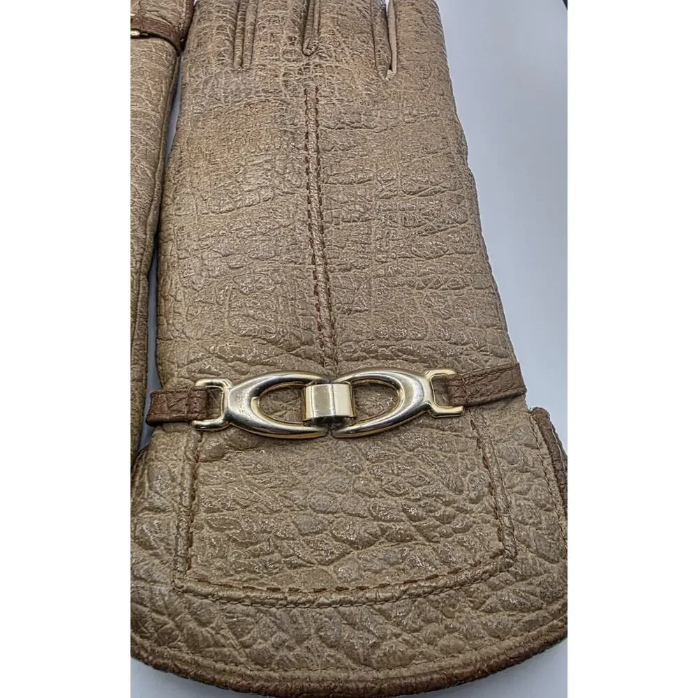 Vintage Brown Aris Snuggler Sherpa Lined Driving Gloves Women's Size Large Gold